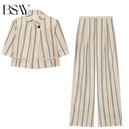 BSAY Women New Vertical Striped Matching Suit Set Notched Lapel Cropped Blazer Sleeve High Waist Wide Leg Casual 2 Piece Outfit