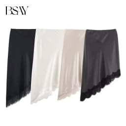 BSAY Lace Asymmetry Satin Texture Skirt Women Fashion Autumn Winter New Solid Chic Female High Waist Elegant Skirts Mujer