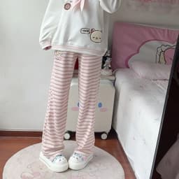 Japanese Kawaii Lolita Straight Pants Women Sweet Striped Cartoon Embroidery Casual Pants Girl Y2k Aesthetic Fairy Cute Trousers