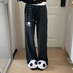 Japanese Kawaii Lolita Straight Pants Women Sweet Striped Cartoon Embroidery Casual Pants Girl Y2k Aesthetic Fairy Cute Trousers