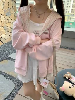Thin Cat Pattern Floral Long Sleeve Zippered Hoodie Women's Spring and Summer Japanese Style Cute Open Cardigan Loose Top