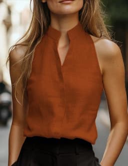 Women's Sleeveless Linen Blend Top Mock Neck V Placket Relaxed Fit Blouse