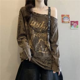 Loose and Slimming Oversized Women's T-shirt with Ragged and Faded V-neck and Off-shoulder Long Sleeves for Spring and Autumn