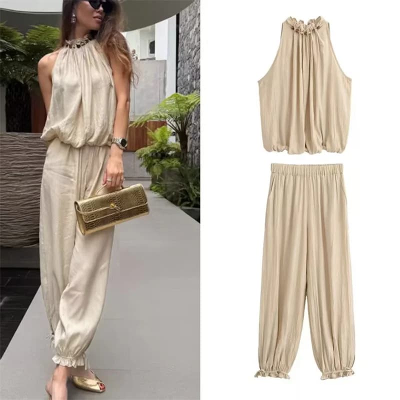 Women's Suit 2026 Summer New Khaki Sleeveless Beaded Vest with Lantern Pants Set Fashionable and Stylish