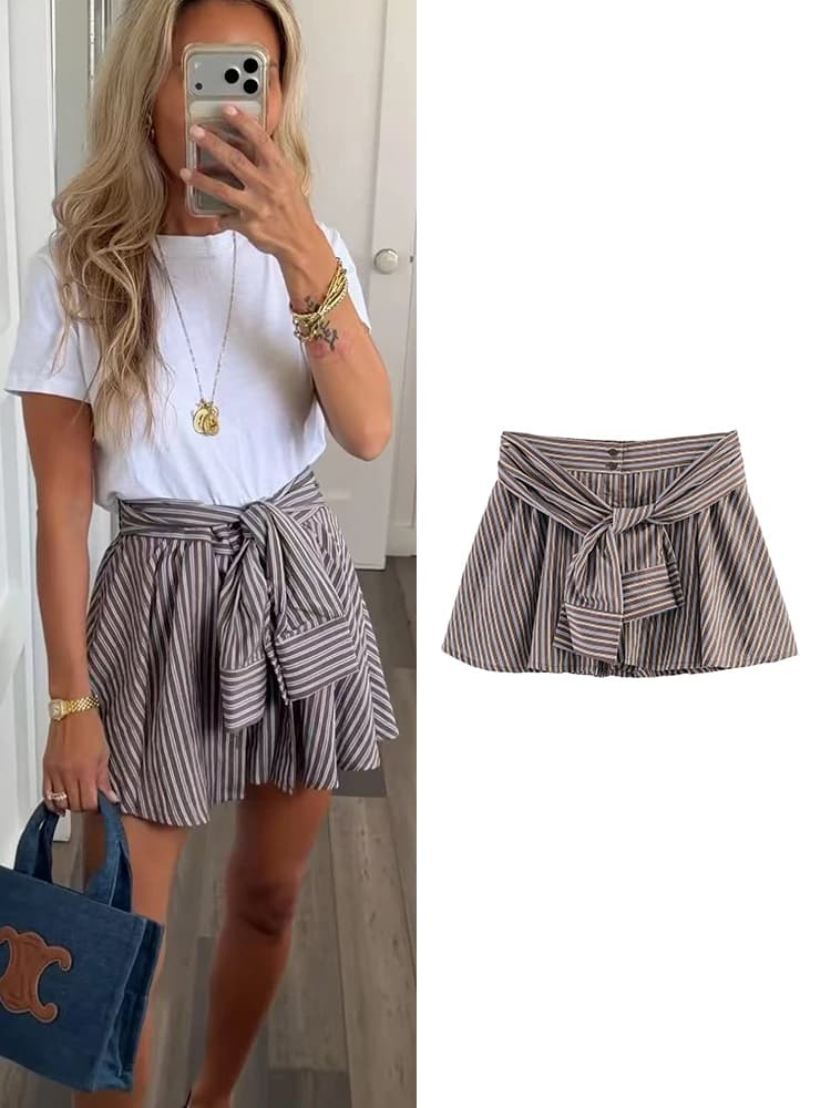TFMLN Summer Women Bow Decoration Shorts Elastic Waist Zipper Loose Striped Shorts Ladies Causal Wear 2026 New Streetwear