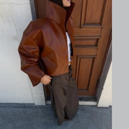 Women Retro Cropped Pu Leather Jacket High Stand Collar Open Front Loose Oversized Long Sleeve Outerwear Street Short Outerwear
