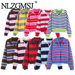 Nlzgmsj 2025 Autumn High Street Chic Women Striped Knitted Sweaters Women Full Sleeve Vintage Style Tops