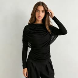 Long sleeved mesh patchwork hanging collar pleated shawl slim fit T-shirt top