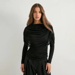 Long sleeved mesh patchwork hanging collar pleated shawl slim fit T-shirt top
