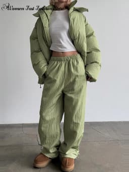 Warm Striped Cotton Coats Pants Set Women's Hooded Stand Collar Zipper Quilted Coat Elastic Waist Trousers 2026 Winter Outfits