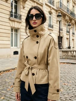 Belted Waist Cropped Trench Jackets Women Double Breasted Stand Collar Coats 2025 Autumn Chic Casual Vintage Jacket Women Cloth