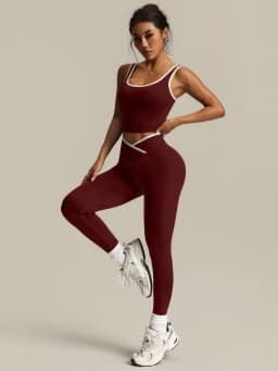 2 Piece Yoga Set Women Crossover V Waist Leggings Contrast Trim Sports Bra Gym Workout Matching Set Fitness Activewear Suit