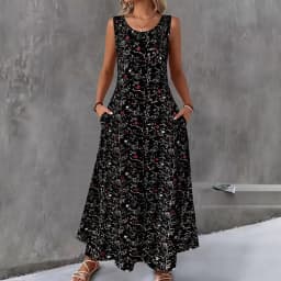 Women Summer Casual Sleeveless Floral Print Maxi Dress O Neck A-Line Long Dress With Pockets Loose Vestidos Beach Sundress