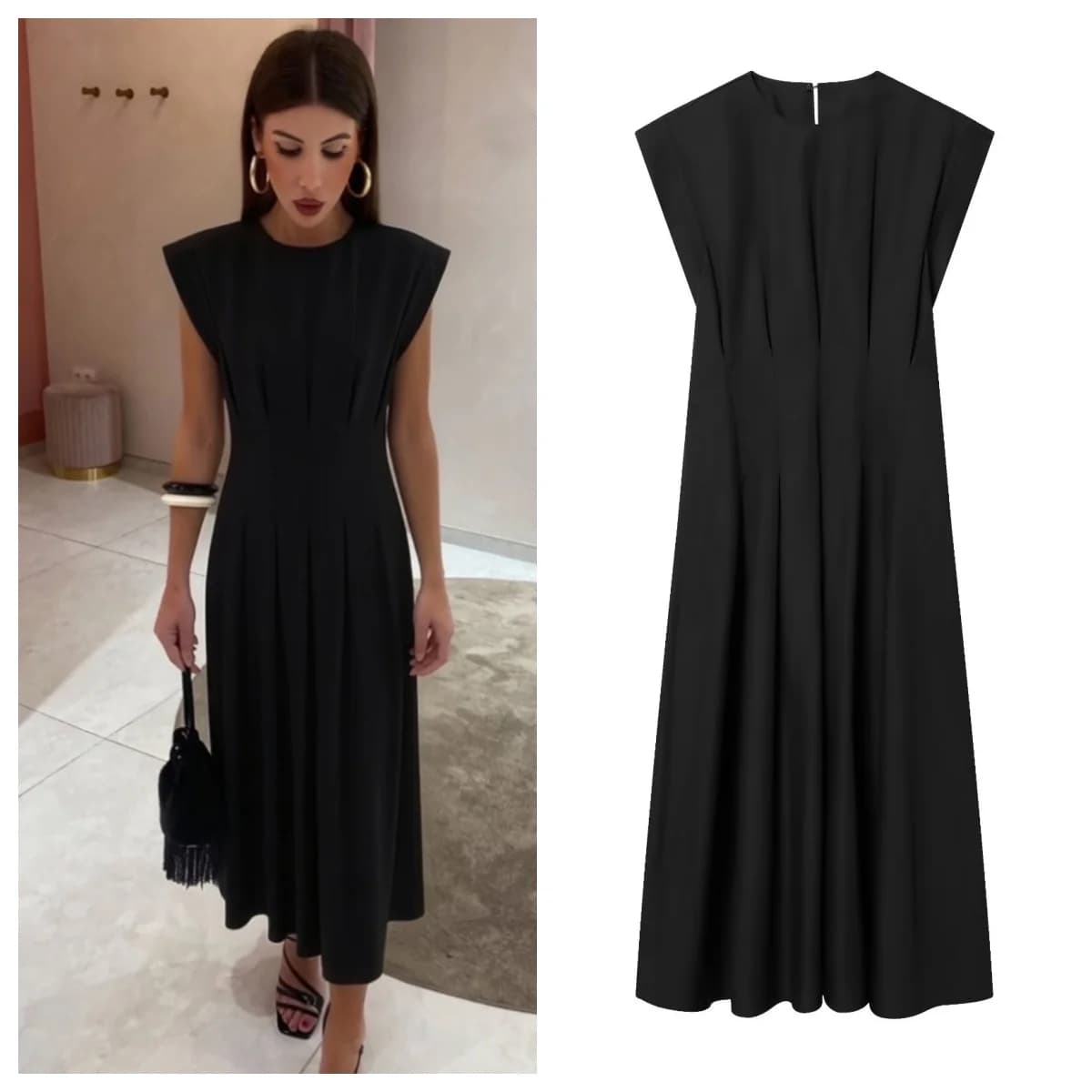 Women's Dress 2026 Summer New Fashion Casual Pleated Crew Neck Fitted Elegant Party Evening High Street Black Women's Dress