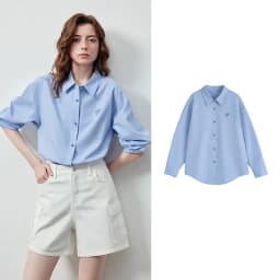 TOYOUTH Women's Color Block Heart Embroidery Blouse 2026 Summer New Pure Cotton Loose Button Down Morandi Color Daily Wear Top