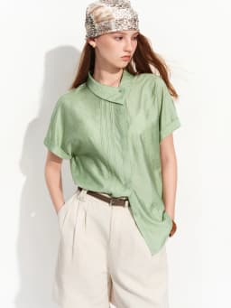 FSLE 2026 Summer Women‘s Asymmetric Drop Shoulder Blouse, Notched Collar Short Sleeve Shirt for Relaxed Designer Style Top