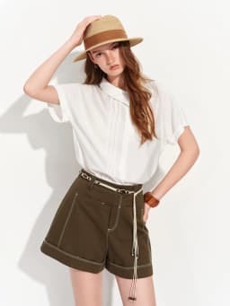 FSLE 2026 Summer Women‘s Asymmetric Drop Shoulder Blouse, Notched Collar Short Sleeve Shirt for Relaxed Designer Style Top
