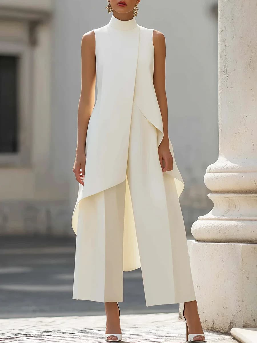 Sleeveless High Neck Jumpsuit With Asymmetric Draped Overlay Wide Leg Culottes Elegant Formal Evening Wear For Women