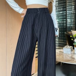 2025 New Autumn Vintage Striped Loose Women's Wide Leg Pant Button Spring High Waist Female Straight Office Full Length Trousers
