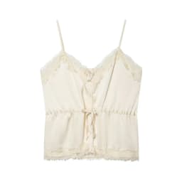 Lace-decorated satin-feel camisole crop top, flowing, sexy open back, 2026 summer new style, tie-waist, comfortable