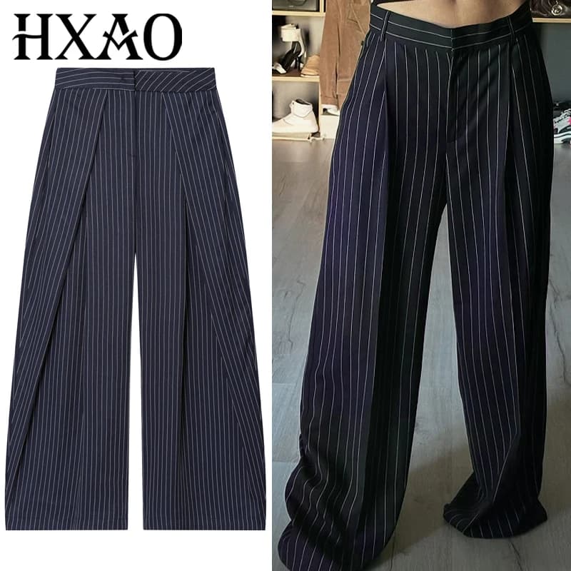 HXAO Striped Pleated Pants Women's Autumn 2025 Ladies Baggy Wide Leg High Waist Casual Oversize Trousers Harem Pants