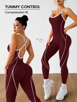 Women Contrast Piping Yoga Jumpsuit Thin Strap Open Back One Piece Workout Bodysuit High Elastic Slim Fitness Gym Sports Rompers