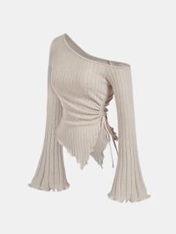 Women's Off-Shoulder Cross Long-Sleeved Slim Fit T-Shirt Asymmetrical Street Style Casual Elegant Top with Trumpet Sleeves