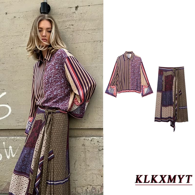 Women Fashion Stripe Print Sets Leisure Short Sleeve Button Shirt + Asymmetry Hem Fold Skirts Summer Autumn Vacation 2 Pieces