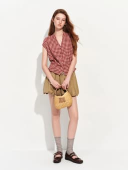 FSLE 2026 Summer Women's Linen V-Neck Cap Sleeve Blouse with Plaid Print and Waist-Defining Fit - Casual Style for Daily Wear