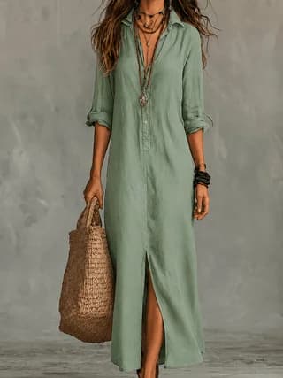 Summer Women Breathable Linen Maxi Shirt Dress Turn Down Collar Rollable Sleeve Back Split Loose Casual Cover Up Long Dress