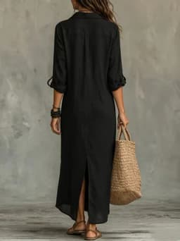 Summer Women Breathable Linen Maxi Shirt Dress Turn Down Collar Rollable Sleeve Back Split Loose Casual Cover Up Long Dress