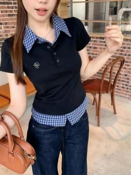 Preppy Collared T-Shirts for Women Splicing Design Short Sleeve Plaid Tees Slim Fit Casual Summer Fake Two Piece Basic Shirts