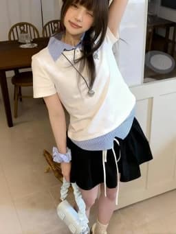 Preppy Collared T-Shirts for Women Splicing Design Short Sleeve Plaid Tees Slim Fit Casual Summer Fake Two Piece Basic Shirts