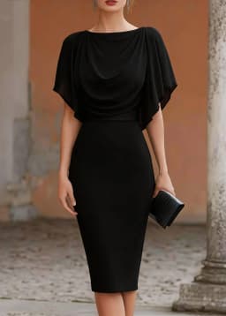 Women's Short Sleeve Midi Dress Cowl Neck Draped Cape Top Bodycon Skirt Elegant Party Evening Cocktail Wear