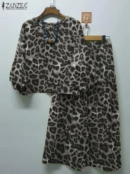 ZANZEA Spring Leopard Printed Matching Sets 3/4 Sleeve O-Neck Blouse Casual Trousers 2PCS Woman Fashion Party Suit Oversized