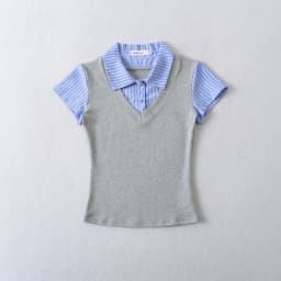 Preppy False 2 Pieces Lapel Striped Spliced Knitted Short Sleeve Tee Girl Slim Fit T-shirt Patchwork Pullover Crop Top