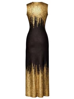 Womens Elegant Round Neck Sleeveless Wedding Evening Party Floor Length Black Gold Mermaid Hem Sequin Formal Dress