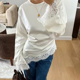New Belted Waist Lace Patchwork Top Asymmetrical Design Solid Color Long Sleeves Elegant Irregular Hemline Satin Blouse Women