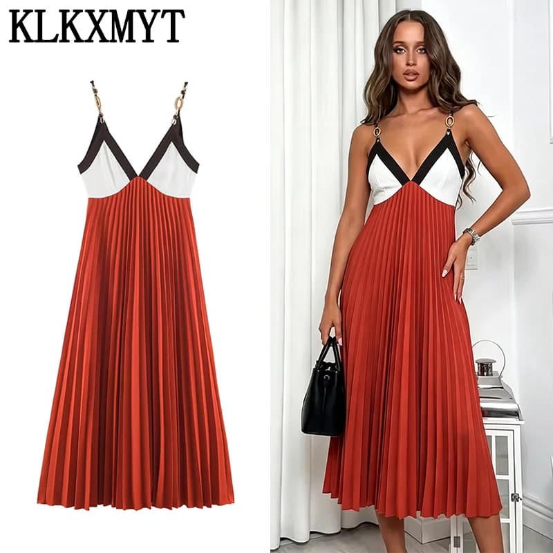 KLKXMYT Elegant Women Beading Slip Long Dress Pleated Sleeveless Backless Sexy Midi Dress Female Evening Party Dresses