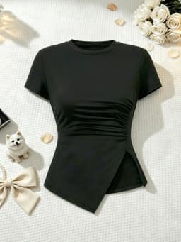 2 Pcs Women Crew Neck Side Ruched Split Hem Short Sleeve Tee High Waist Fold Over Side Drawstring Flared Pants Set Solid Black S