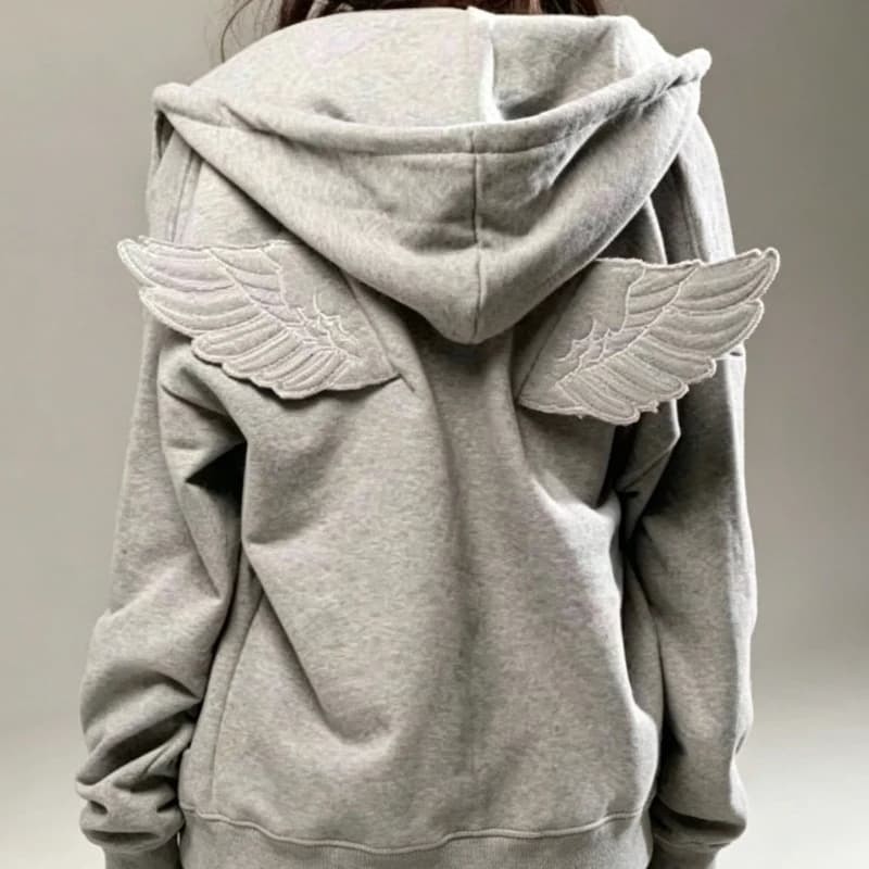 Women Fashion Grey Angel Wing Embroidered Hoodie Zipper Kawaii Pullover Sweatshirt Wing Y2K Streetwear Goth 2000s Alt Clothes