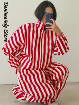 Women's Contrasting Stripe 2 Piece Pant Set Loose Stand Collar Zipper Long Sleeve Coats Wide Leg Pants 2026 Autumn Lady Suit New