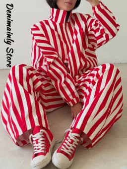 Women's Contrasting Stripe 2 Piece Pant Set Loose Stand Collar Zipper Long Sleeve Coats Wide Leg Pants 2026 Autumn Lady Suit New