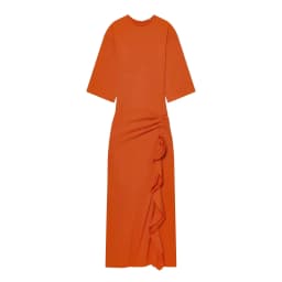 BSAY 2026 Women's Solid Color Round Neck Half Sleeve Midi Dress Slim Fit Side Ruched Ruffle Split Elegant Commuter Formal Dress