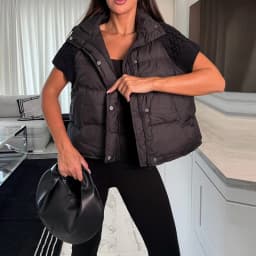 Women Chic Padded Vest Stand Collar Zipper Knit Short Sleeve Patchwork Cropped Coat Autumn Winter Fashion Commute Office Outfit