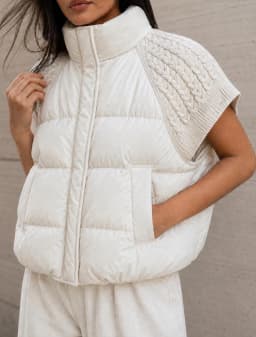 Women Chic Padded Vest Stand Collar Zipper Knit Short Sleeve Patchwork Cropped Coat Autumn Winter Fashion Commute Office Outfit