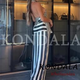KONDALA Fashion 2026 Fall Striped Patchwork Women Blue Suit Neck-mounted Vest+ Modern Straight Pants Night Party Streetwear Set
