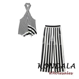 KONDALA Fashion 2026 Fall Striped Patchwork Women Blue Suit Neck-mounted Vest+ Modern Straight Pants Night Party Streetwear Set
