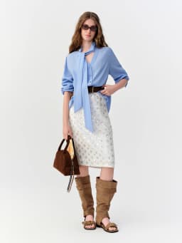 DUSHU 2026 Fall New Women Blue Elegant Blouse with Streamer Tie Commute Style Shirt Fashionable Top Available in Multiple Sizes