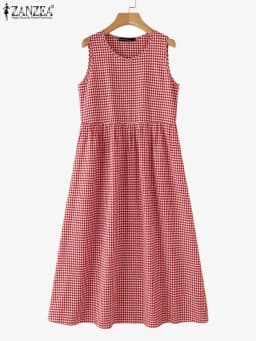 ZANZEA Summer Plaid Checked Sundress Sleeveless Bohemain Holiday Dresses Women Elegant O Neck Dress Casual Baggy Work Vestidos